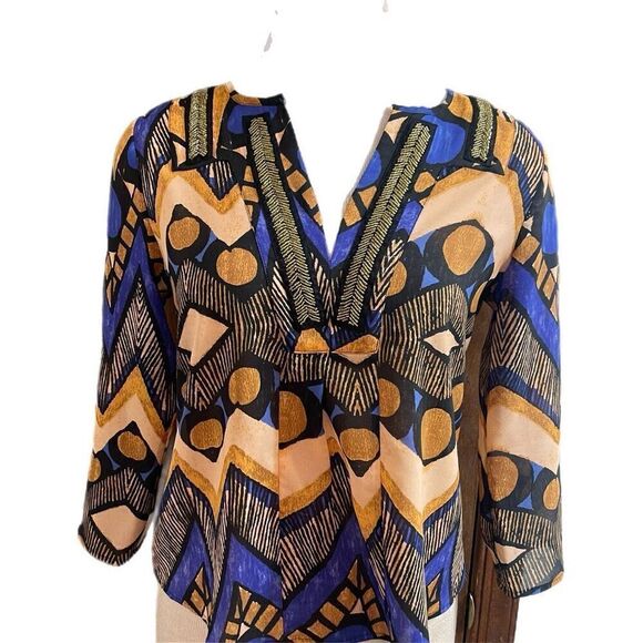Collective Concepts Beaded Flowy Top Blouse Womens Small Blue Purple Tan Gold - Picture 2 of 10